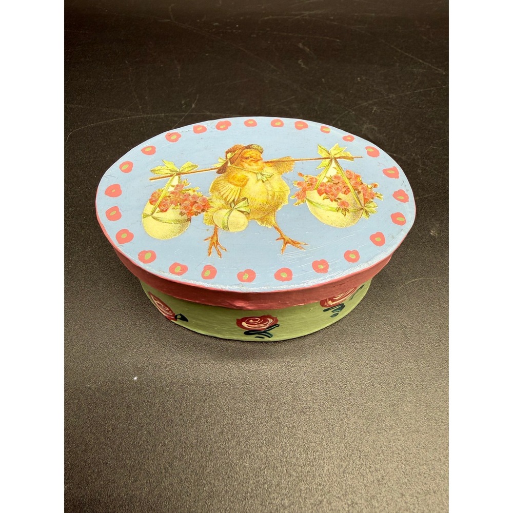 Vintage Hand‑Painted Oval Floral Easter Chick Decorative Box‎ Trinket Candy Lid